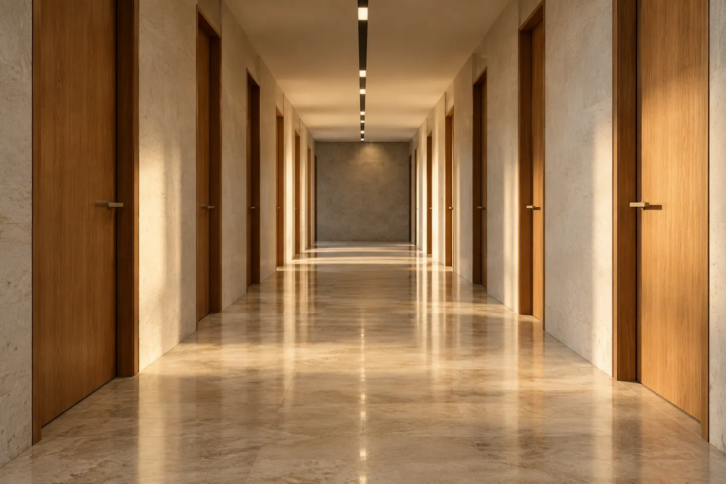 Corredor longo com portas de madeira iguais e piso de travertino