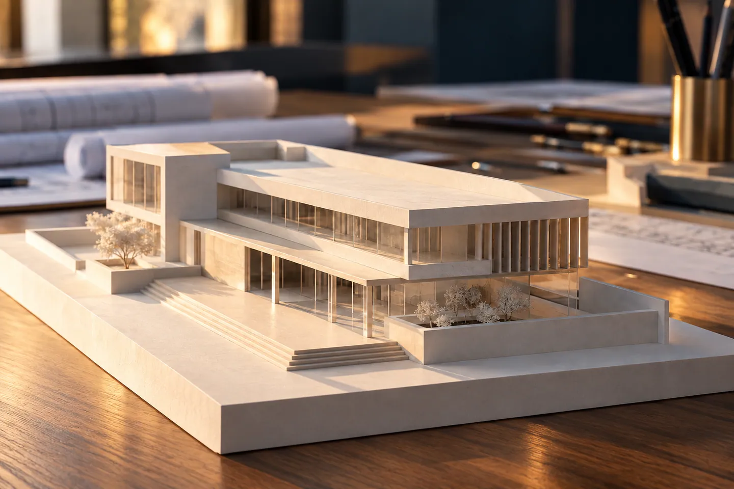 Maquete de edifício moderno em escala sobre mesa sob luz suave