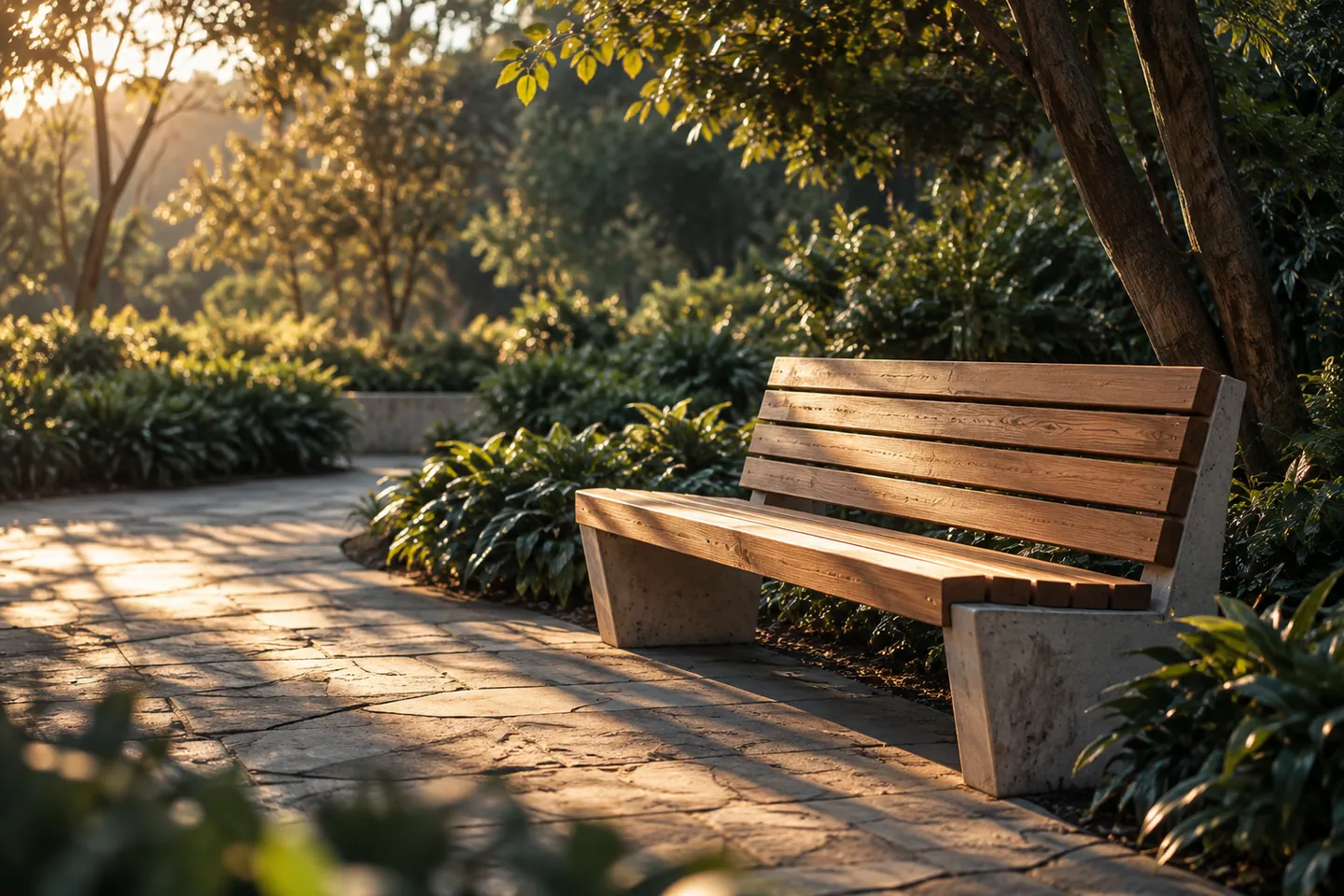 Banco de madeira em caminho de jardim iluminado pelo sol baixo