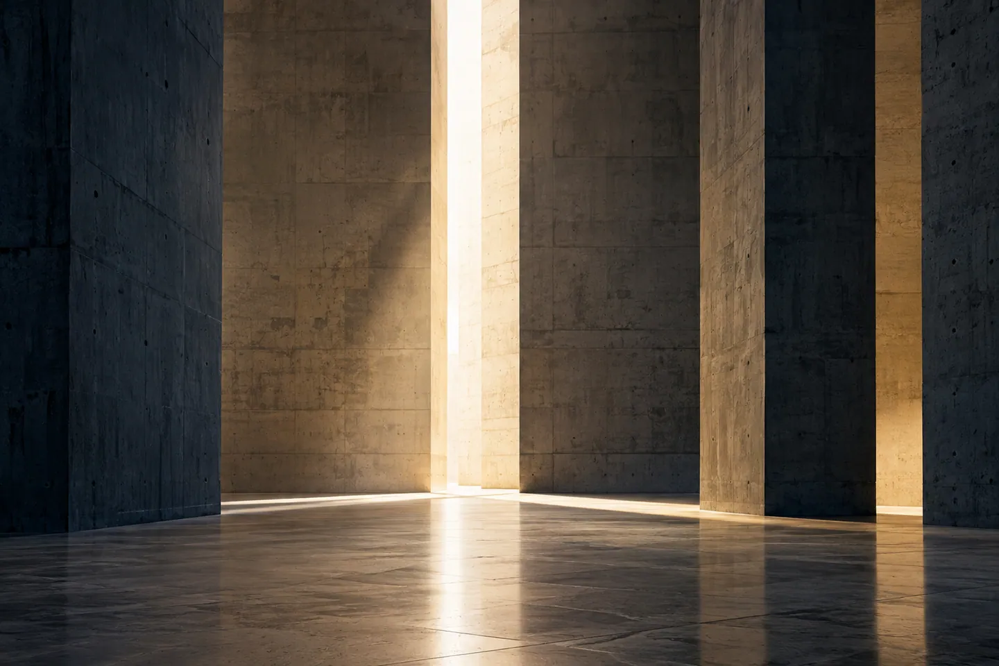Salão monumental de concreto com um feixe vertical de luz
