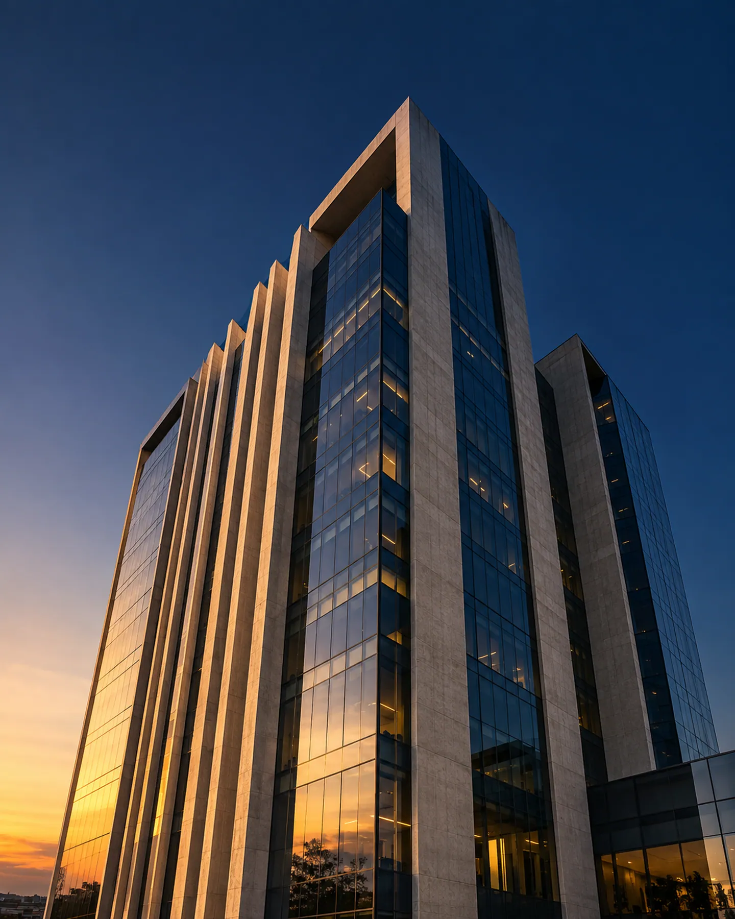 Edifício corporativo de vidro e concreto visto de baixo ao entardecer