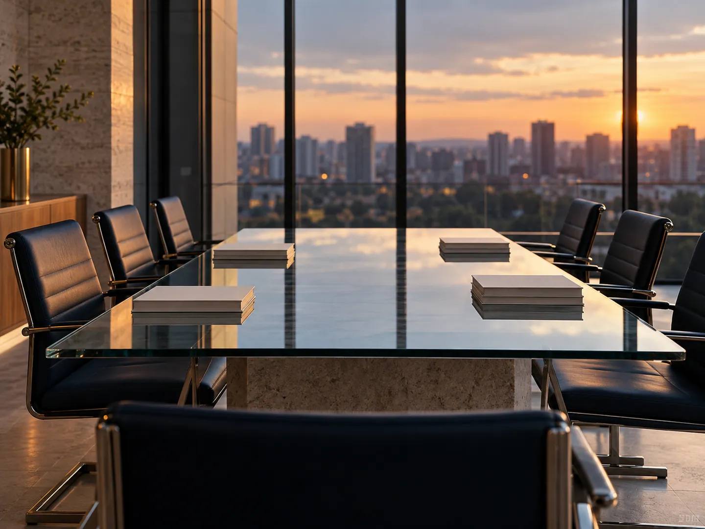 Mesa de reunião de vidro com cadeiras vazias e a cidade ao fundo ao entardecer