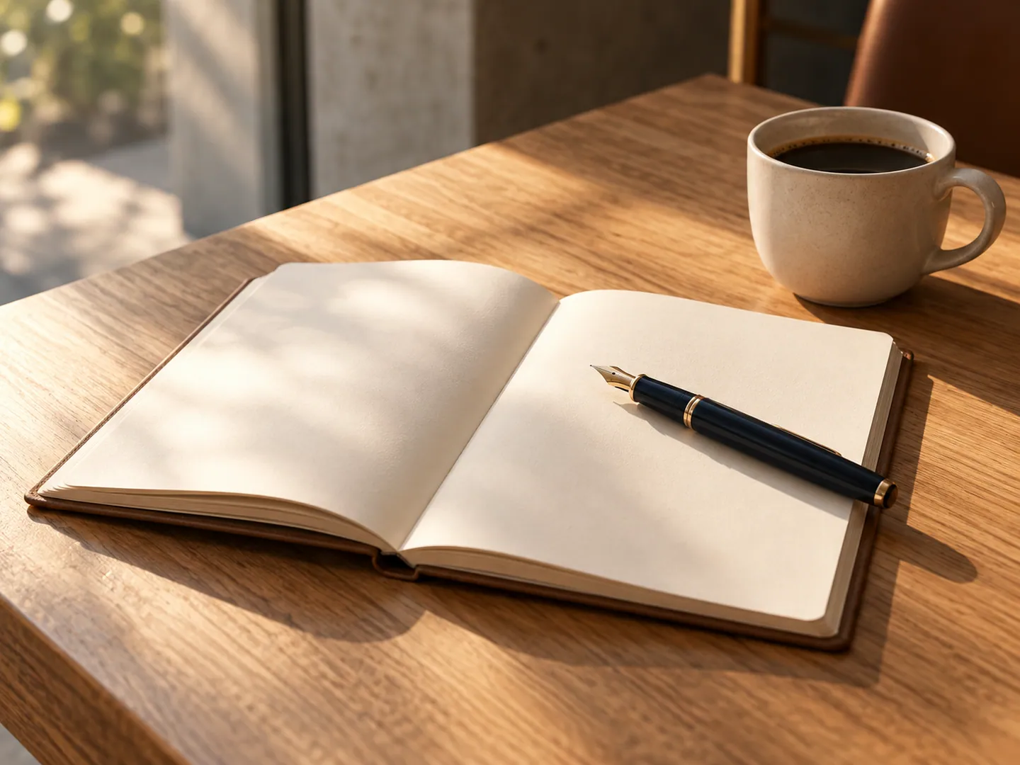 Caderno aberto com páginas em branco, caneta-tinteiro e xícara sobre mesa de madeira