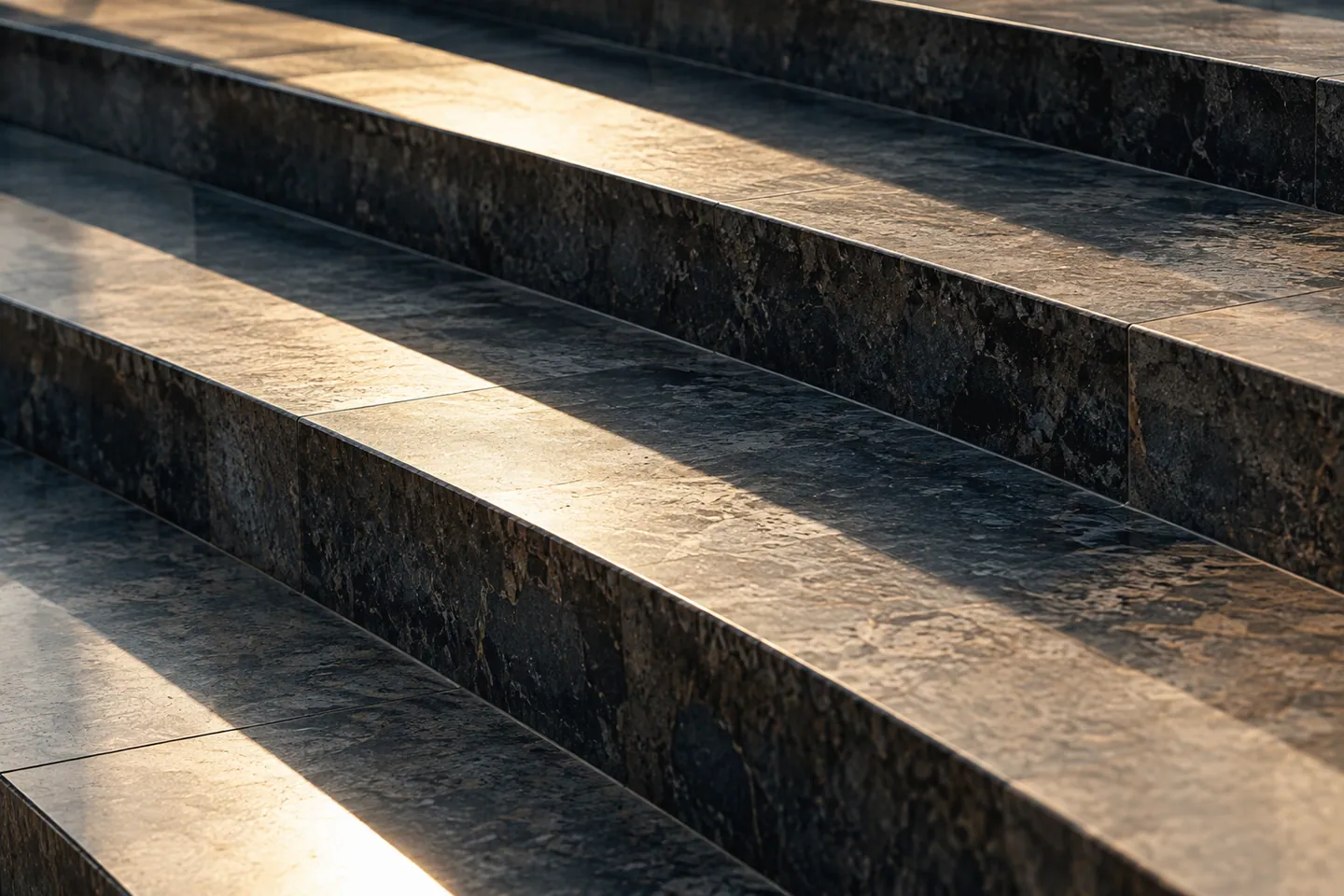 Degraus de pedra escura polida em diagonal sob luz forte